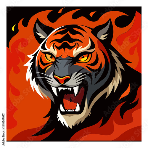 A ferocious tiger with sharp teeth surrounded by swirling fire 