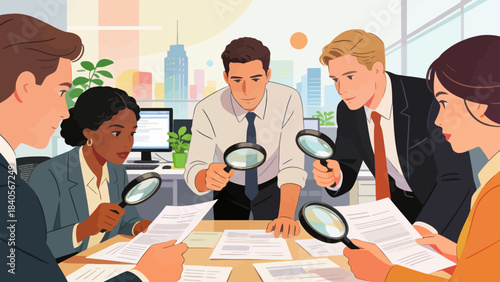 This illustration shows a business professional using a magnifying glass to analyze documents at an office desk, symbolizing detailed research, data inspection, and focused corporate analysis.