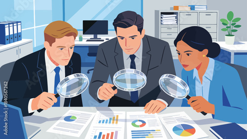 This illustration shows a business professional using a magnifying glass to analyze documents at an office desk, symbolizing detailed research, data inspection, and focused corporate analysis.