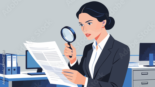 This illustration shows a business professional using a magnifying glass to analyze documents at an office desk, symbolizing detailed research, data inspection, and focused corporate analysis.
