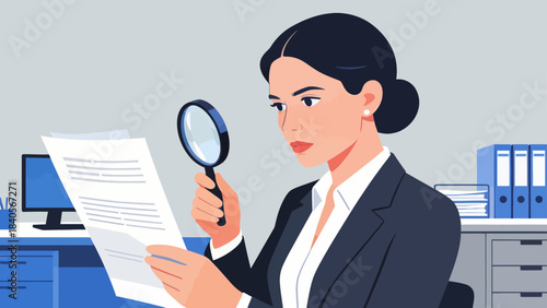 This illustration shows a business professional using a magnifying glass to analyze documents at an office desk, symbolizing detailed research, data inspection, and focused corporate analysis.