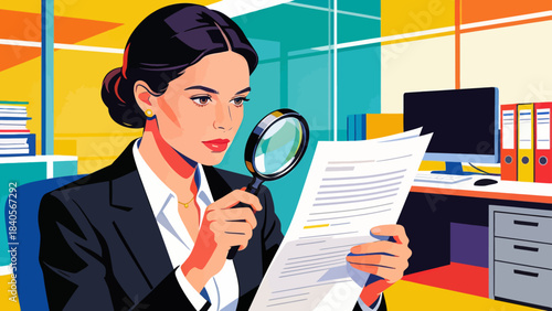 This illustration shows a business professional using a magnifying glass to analyze documents at an office desk, symbolizing detailed research, data inspection, and focused corporate analysis.