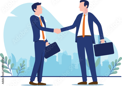  Business deal - Two businessmen shaking hands after agreement and negotiation. Corporate handshake concept. Vector illustration with white background