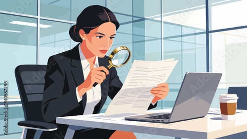 This illustration shows a business professional using a magnifying glass to analyze documents at an office desk, symbolizing detailed research, data inspection, and focused corporate analysis.