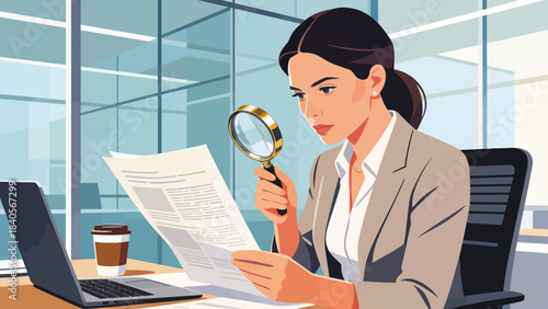 This illustration shows a business professional using a magnifying glass to analyze documents at an office desk, symbolizing detailed research, data inspection, and focused corporate analysis.