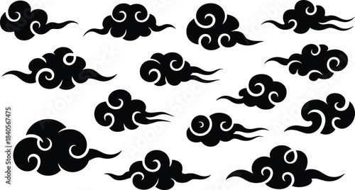 Collection of traditional Chinese cloud patterns in black silhouette style decorative vector design elements for oriental art and illustration