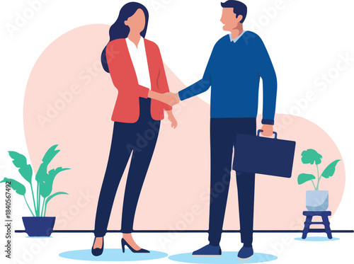 Business deal handshake - Two businesspeople, man and woman shaking hands friendly, smiling and coming to an agreement together at work. Flat design vector illustration with white background