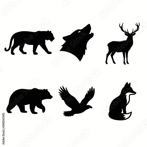 Set of six wild animal silhouettes vector icons