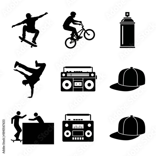 Urban sports and street culture icons set