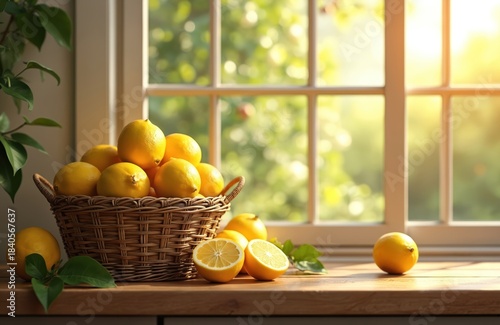 Wallpaper Mural Basket of ripe yellow lemons sits on a wooden table near a window with a garden view. Fresh citrus fruit for cooking and healthy eating is ready for use. Sunlight streams through the glass panes. Torontodigital.ca