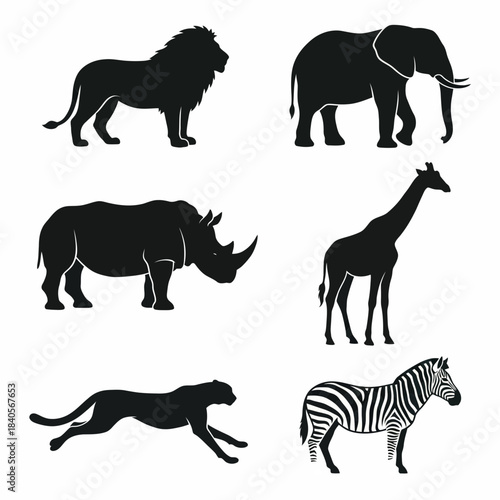 Set of six african safari animal silhouettes