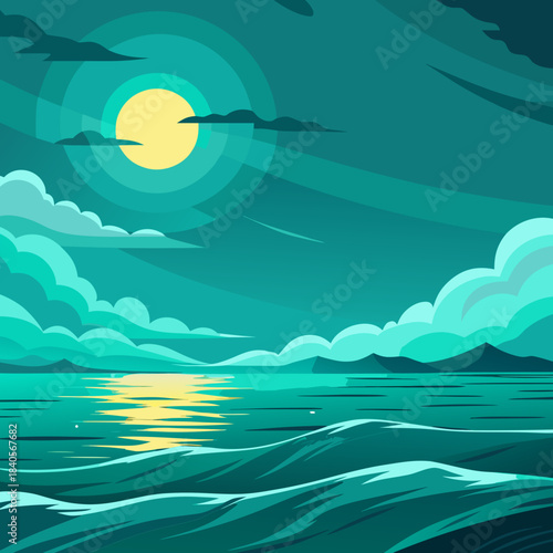 Night seascape with full moon reflecting on water