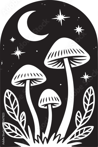 Mystical moonlit mushrooms under a starry night sky