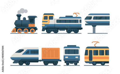 Train collection, locomotives and carriages, flat vector illustration