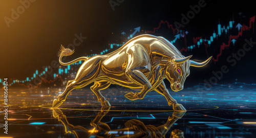 Metallic golden bull charging forward symbolizes strength and optimism financial markets, set against backdrop of rising graphs and digital data. image conveys sense of dynamic energy and growth