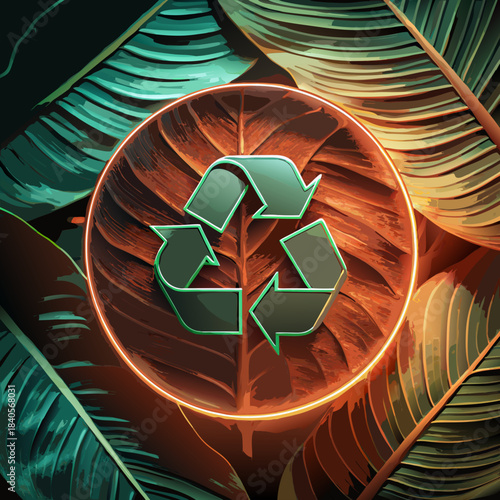 Recycle symbol on tropical leaf background
