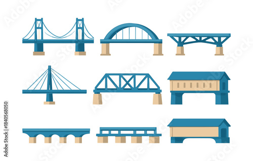 Bridge designs collection, flat vector illustration, architectural styles and structures