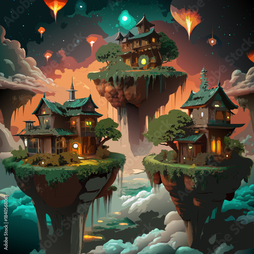 Fantasy floating islands with glowing houses at dusk
