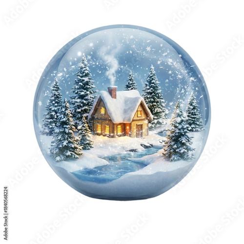 A magical winter scene inside a snow globe, transparent background