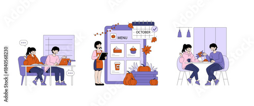 Cozy Autumn Café Scene Vector Illustration with Happy Customers
