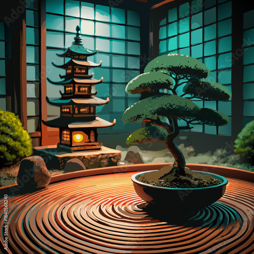 Tranquil japanese zen garden with bonsai and pagoda