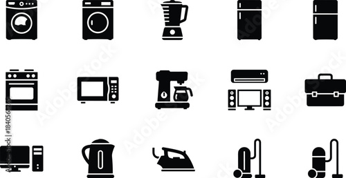 Modern household appliance vector icon set featuring essential kitchen devices, electronics, cleaning tools, home equipment symbols, and everyday utility graphics.