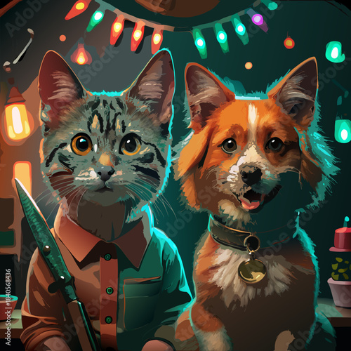 Festive cat and dog portrait with string lights