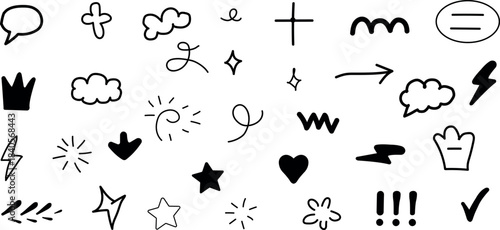 A versatile collection of simple, black hand-drawn doodle elements including arrows, stars, hearts, clouds, and speech bubbles for all design projects.