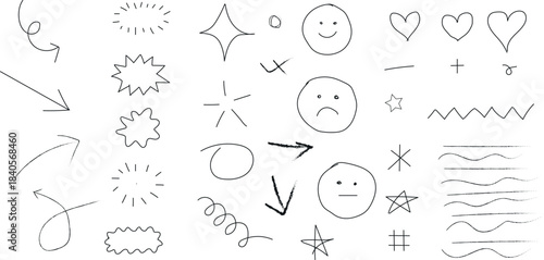 A versatile set of hand-drawn doodle elements for graphic design. Includes arrows, stars, hearts, smileys, speech bubbles, and decorative lines for creative projects.
