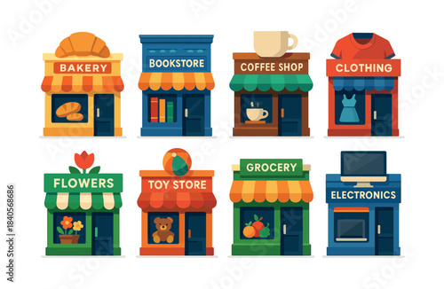 Small business storefronts, flat vector illustration, shops, and retail icons