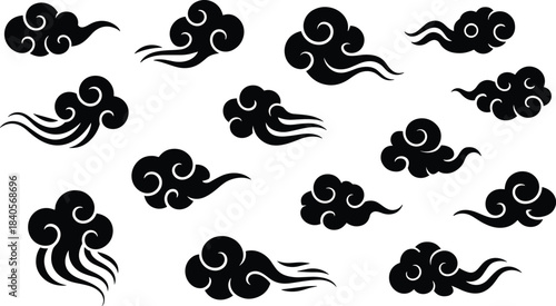 Collection of traditional Chinese cloud patterns in black silhouette style decorative vector design elements for oriental art and illustration