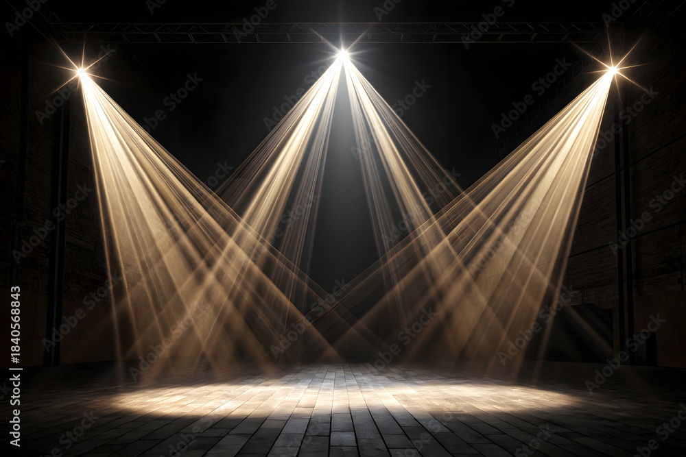 Obraz premium Three bright stage spotlights illuminating a dark wooden floor