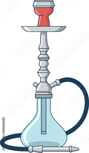A sleek vector illustration of a hookah pipe featuring a silver metallic stem, a clear glass base, a red clay bowl, and a coiled dark blue hose.