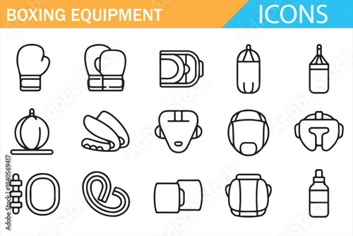 Boxing gloves helmet and punching bag minimalist vector icon pack