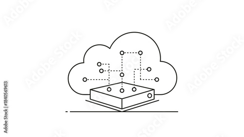Simple line art icon depicting cloud computing infrastructure with a connected server or data processing unit