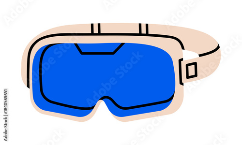 Hand drawn cute illustration of ski glass. Flat vector winter sport plastic goggles mask doodle. Mountain vacation gear sticker. Holiday recreation activity. Cold season competition. Isolated.