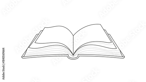 Minimalist black and white outline drawing of an open book symbolizing knowledge and learning concepts