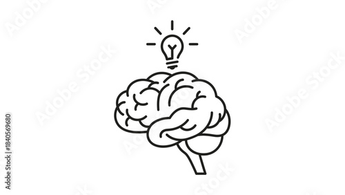 Simple line art icon depicting a human brain with a glowing lightbulb symbolizing a new idea or thought