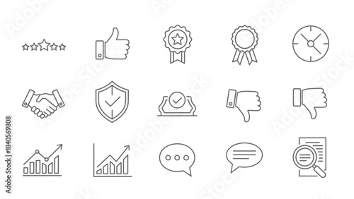 Set of fifteen gray line icons representing customer feedback quality assurance agreement time and analysis