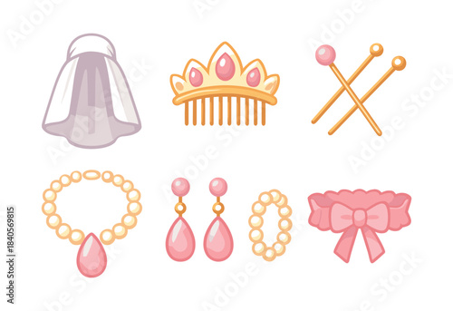 Bridal accessories set, veil, tiara, jewelry, flat vector illustration