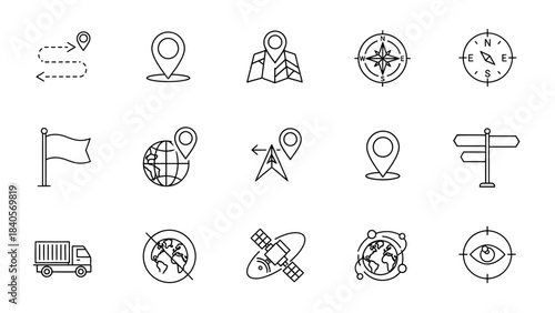 Collection of minimalist line art icons representing navigation mapping location tracking and global positioning systems