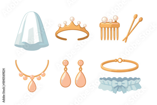 Bridal accessories collection, veil, tiara and jewelry, flat vector illustration