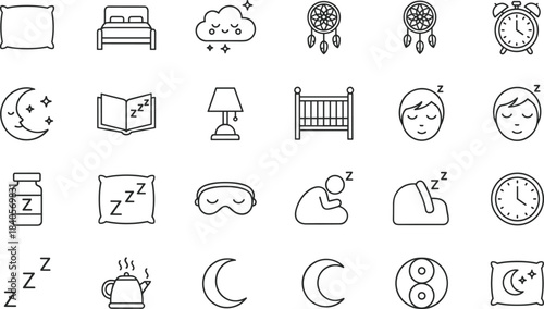 Sleep and relaxation icon set featuring pillows, beds, moon, clouds, dreamcatchers, alarms, meditation, night routine elements and peaceful bedtime symbols.