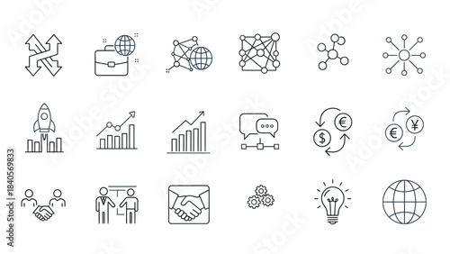 Collection of dark blue line art icons representing global business finance strategy development and networking concepts