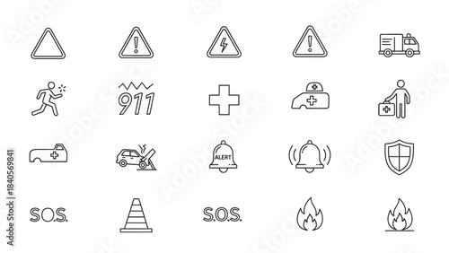 Collection of thin line emergency and safety icons featuring warning signs medical help and alert symbols