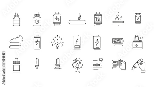 Collection of thin line icons representing vaping devices eliquid batteries cbd and natural elements