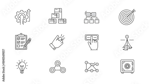 Twelve minimalist outline icons representing business strategy development goal setting process and security concepts