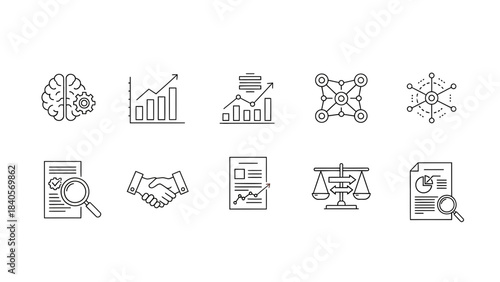 Collection of thin line business icons representing data analysis growth partnership and network technology concepts