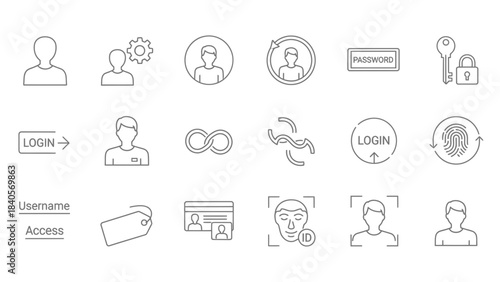 Collection of thin line icons representing user authentication security login access and identity verification methods