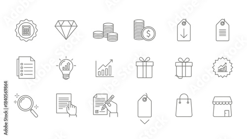 Outline finance and commerce icons set featuring money growth analysis shopping and business concepts